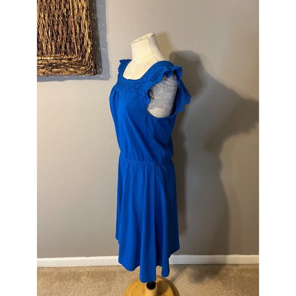 Talbots Dress M Medium Cobalt Blue Stretch Eyelet Slub Cotton Square Neck NEW - Picture 3 of 11